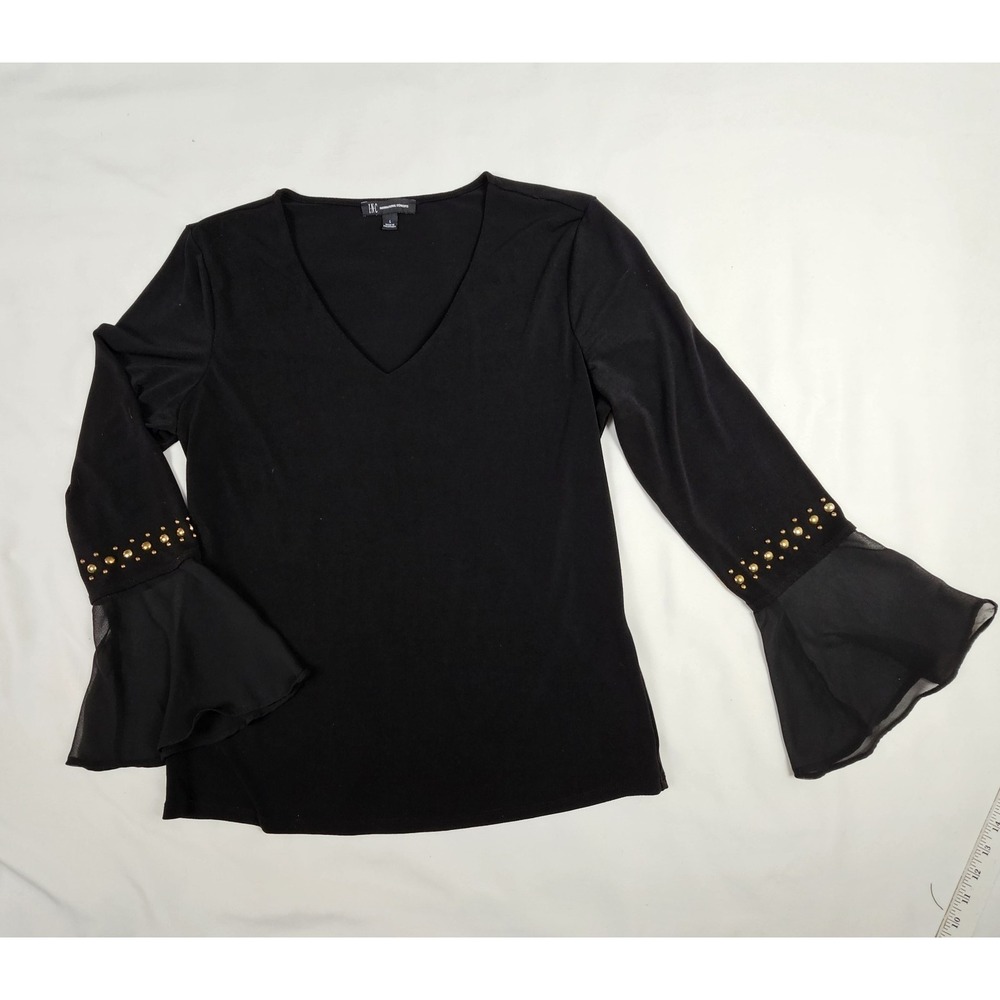 INC womens Metal Studded Bell Sleeve black Blouse size L V-neck.‎